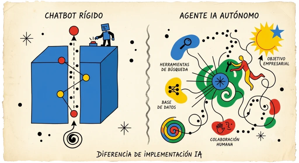 Diferencia Visual entre Chatbot y Agente IA Autónomo