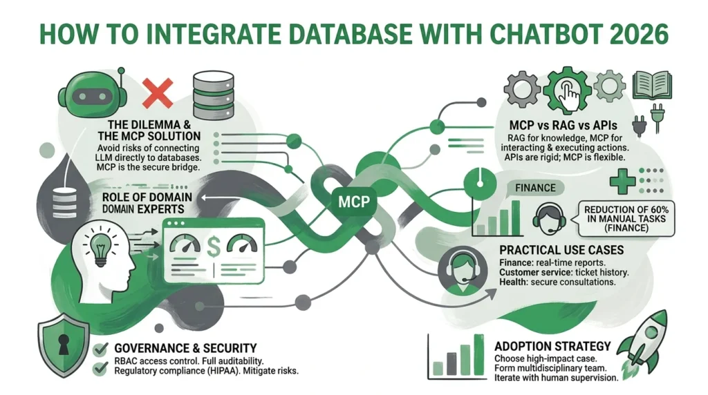 Infographic showing a step-by-step 2026 strategy to safely integrate a database with an AI chatbot using the Model Context Protocol (MCP).