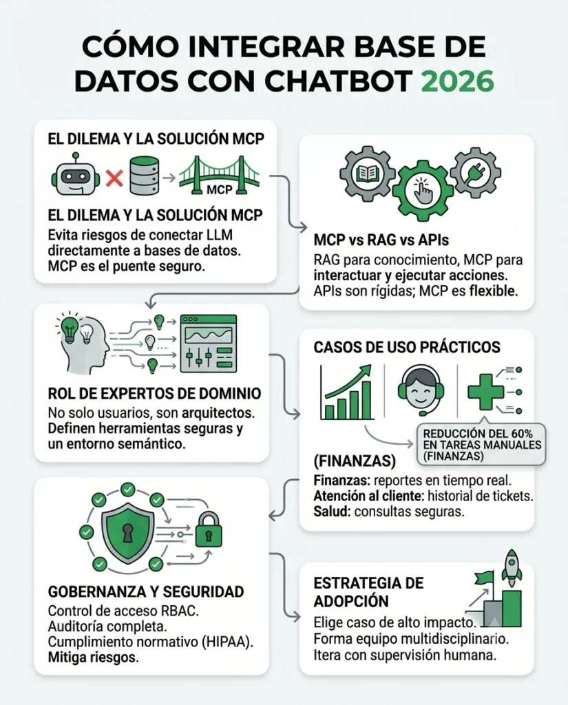 Infografía paso a paso sobre cómo integrar una base de datos con un chatbot usando el protocolo MCP en 2026.